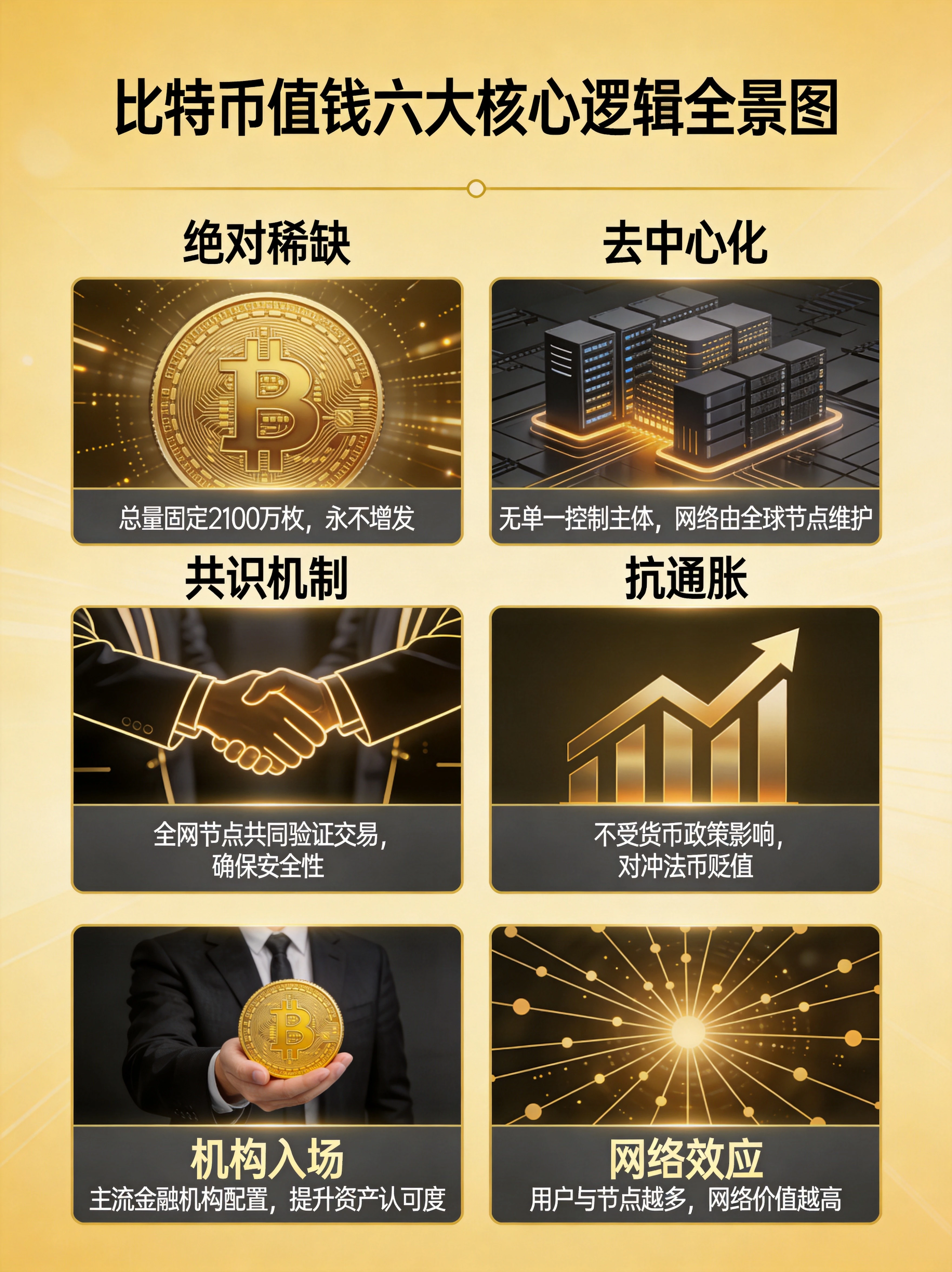 比特币值钱六大核心逻辑全景图,绝对稀缺、去中心化、共识机制、抗通胀、机构入场、网络效应六大价值支撑可视化 比特币值钱六大核心逻辑全景图,绝对稀缺、去中心化、共识机制、抗通胀、机构入场、网络效应六大价值支撑可视化