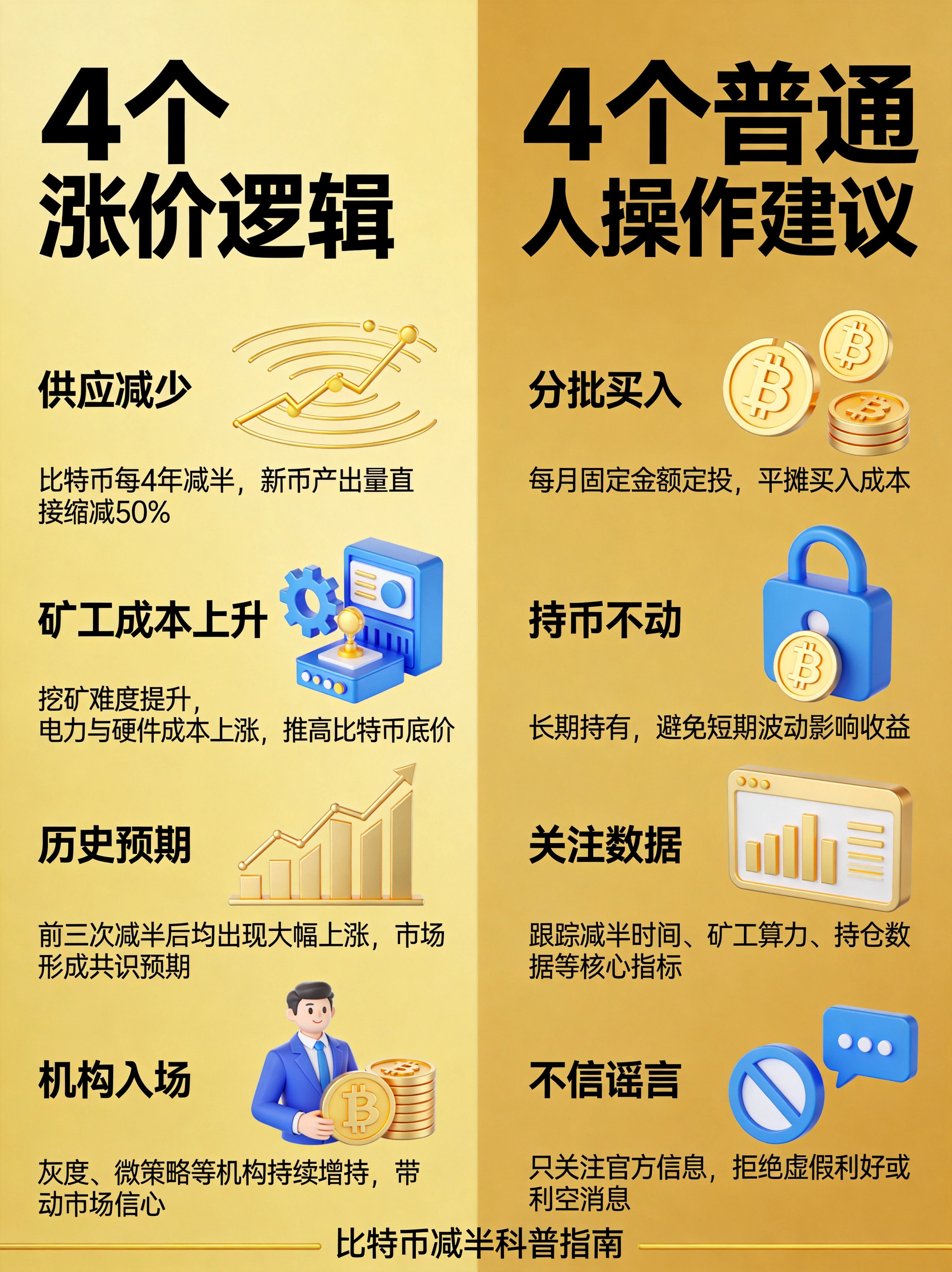 减半影响逻辑与实操建议汇总图，拆解减半影响价格的底层逻辑，同时给出普通投资者可落地的操作方法，降低理解和行动门槛