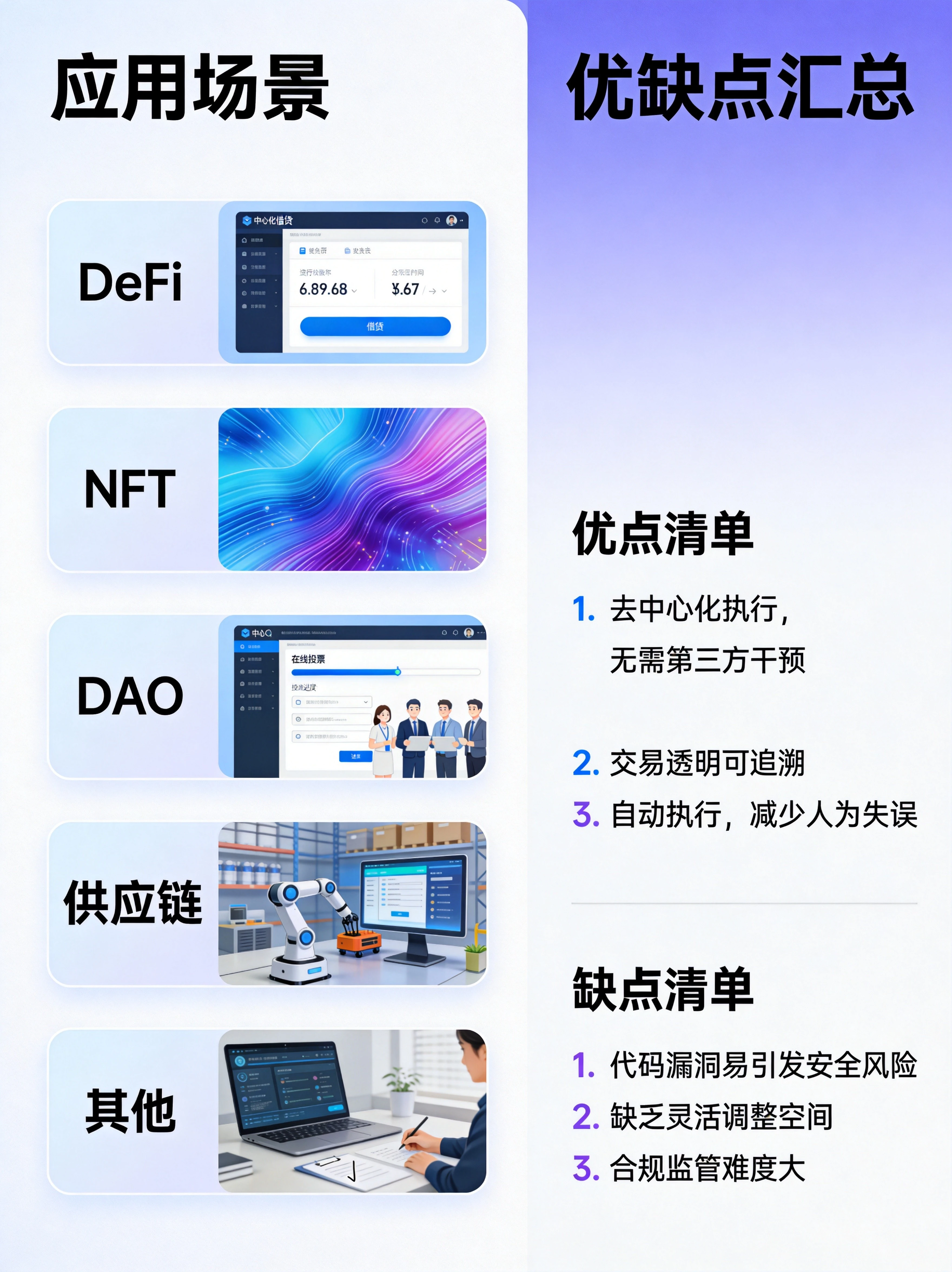 智能合约落地场景与优劣势汇总图，整合应用场景和风险收益要点，帮助读者全面了解智能合约的价值与局限。
