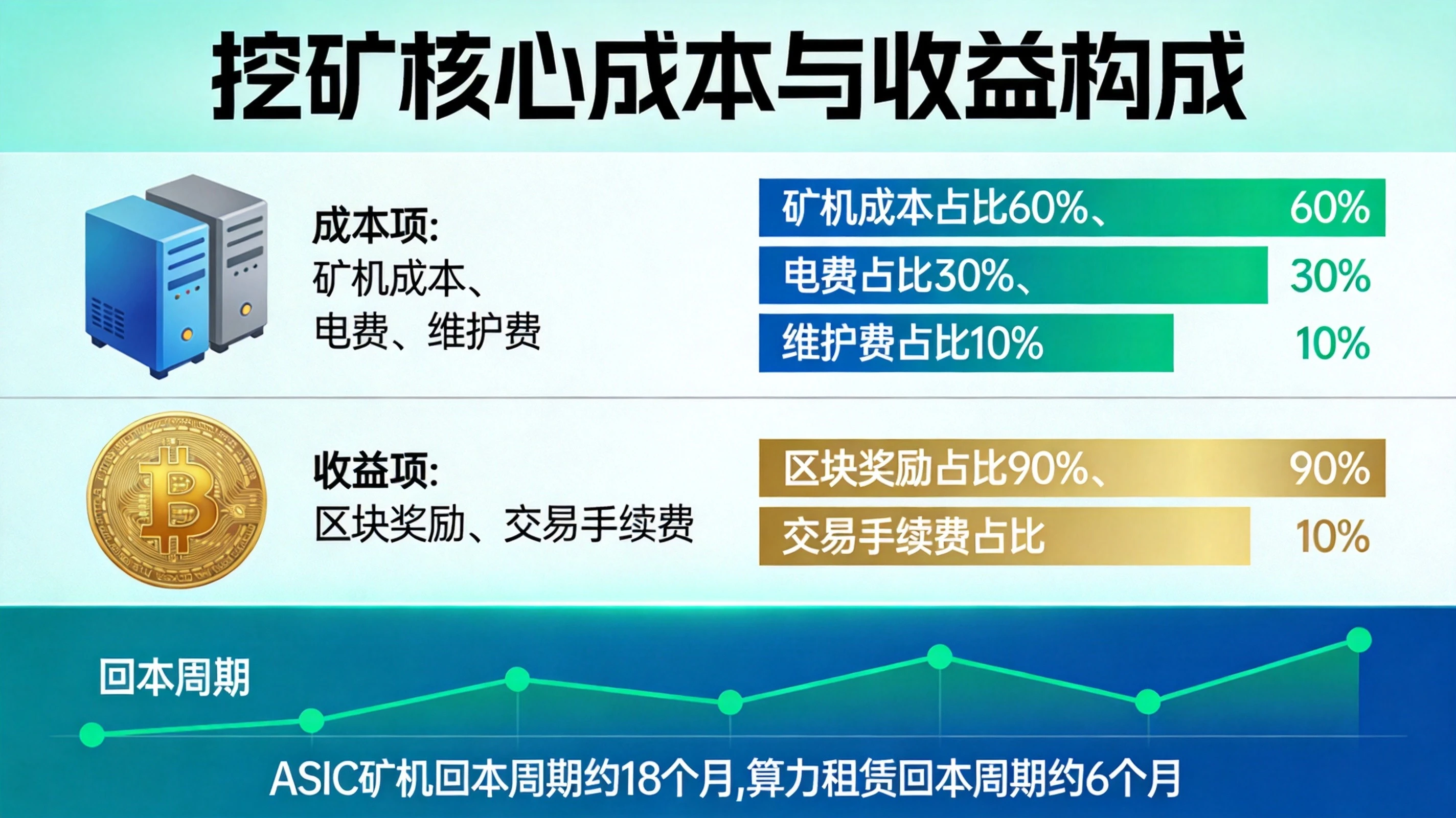 蓝绿色科技风格挖矿成本收益拆解信息图，展示矿机成本、电费、维护费等成本项与区块奖励、手续费等收益项的构成逻辑