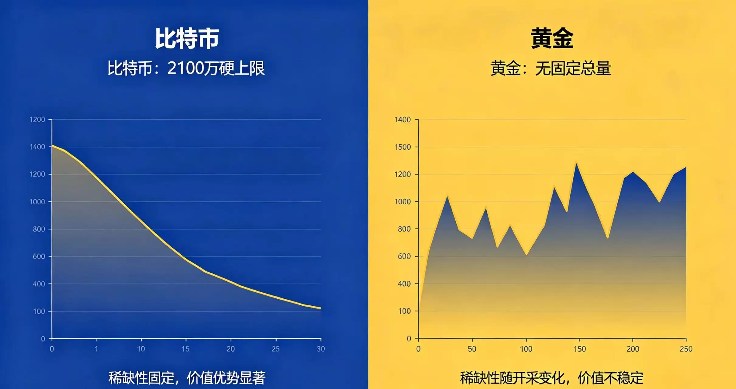 比特币与黄金稀缺性对比展示。