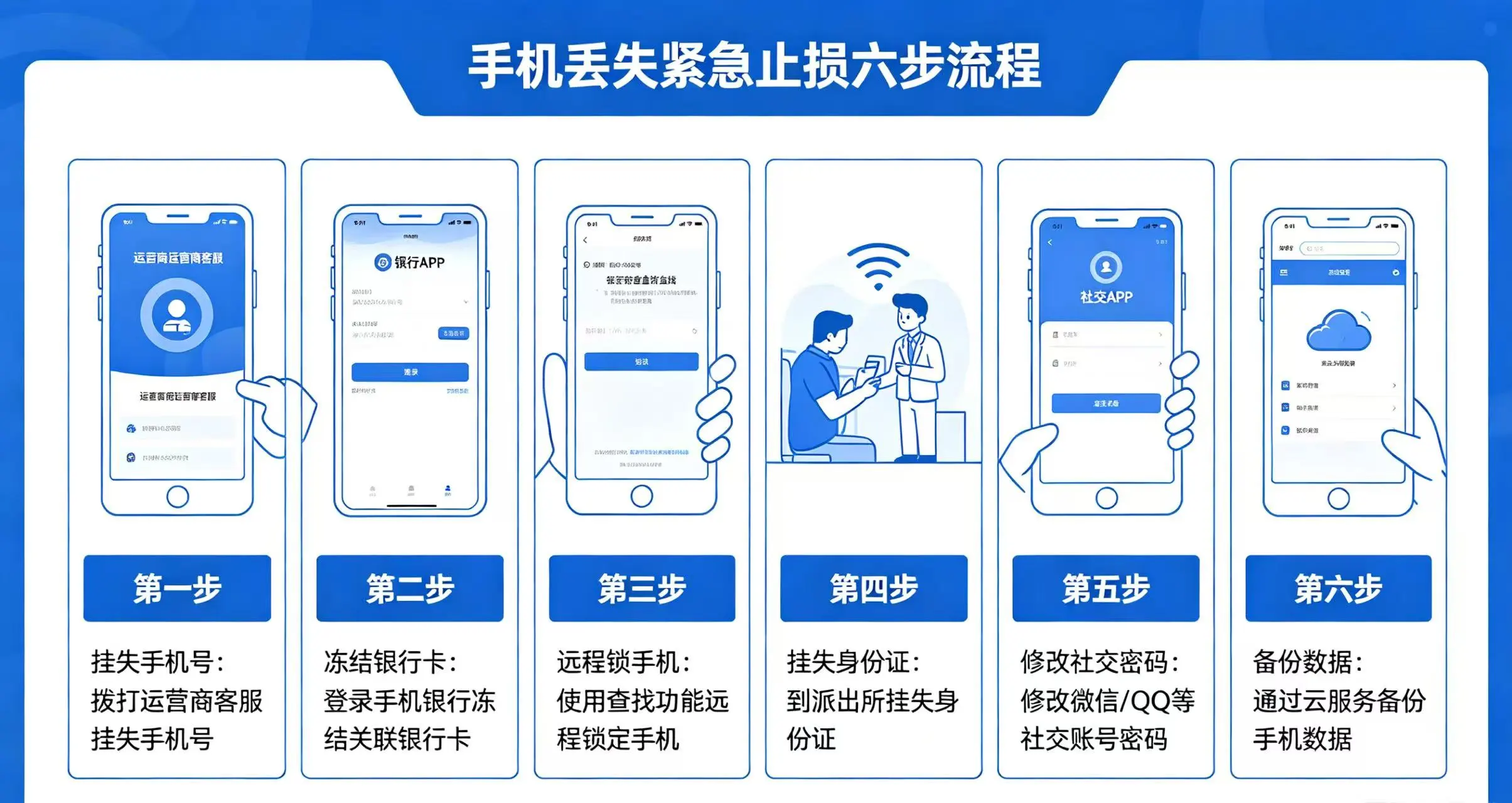 手机丢失紧急止损六步流程，展示挂失手机号、冻结银行卡、远程锁手机等操作步骤