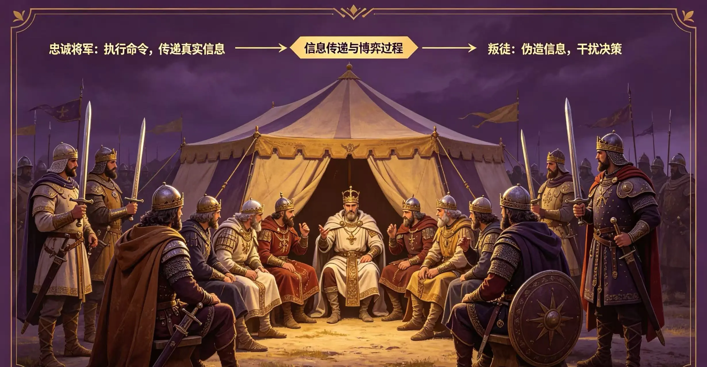 拜占庭将军问题军事场景，标注忠诚将军和叛徒的博弈过程