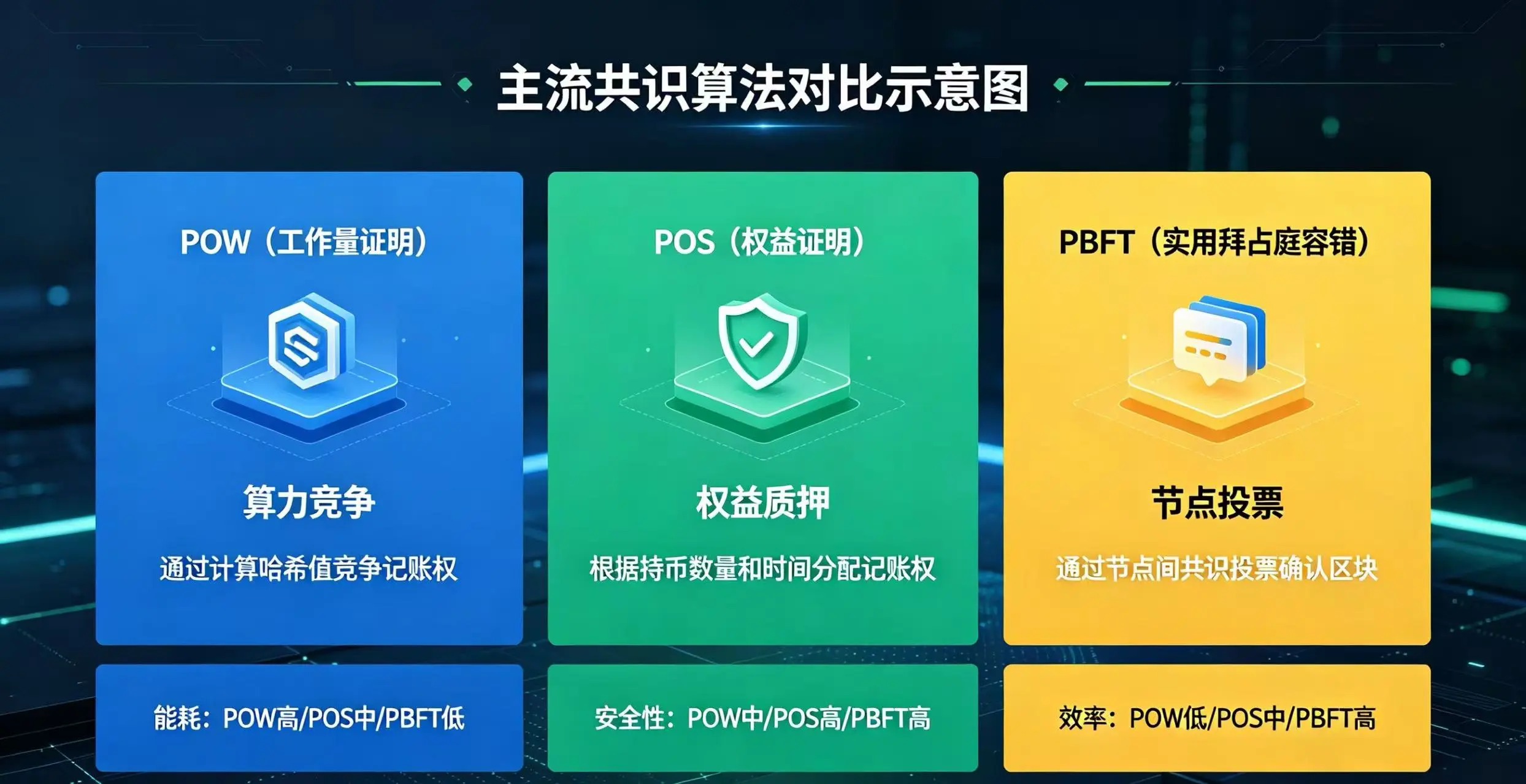 POW、POS、PBFT 等主流共识算法对比示意图
