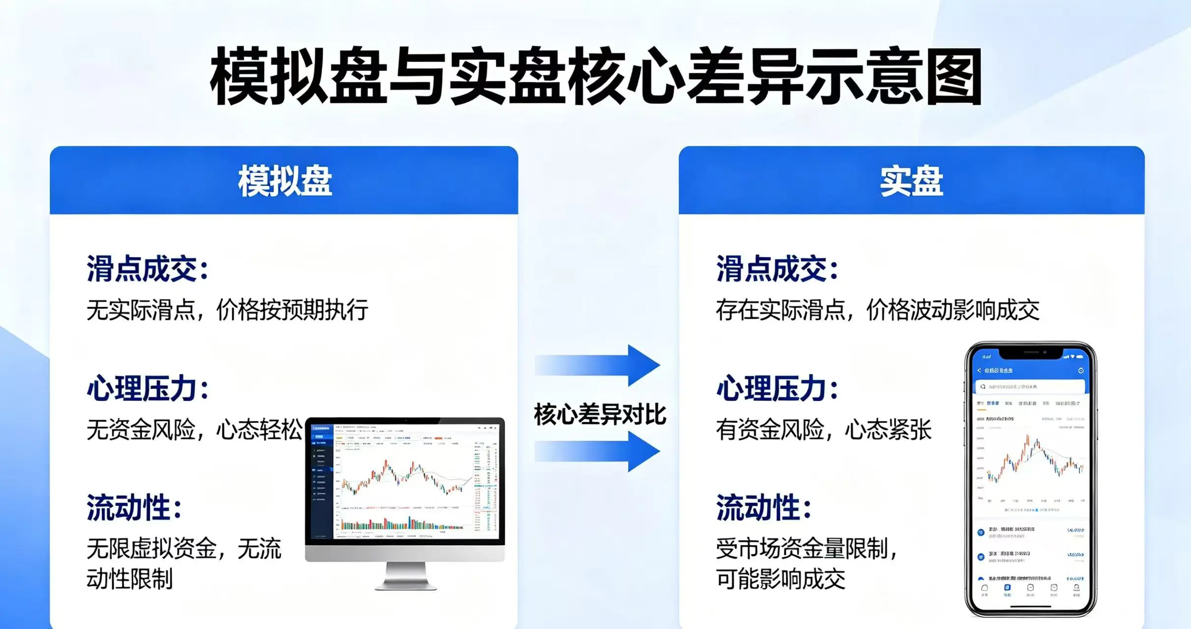 模拟盘与实盘区别示意图，清晰展示滑点成交、心理压力、流动性三个核心差异