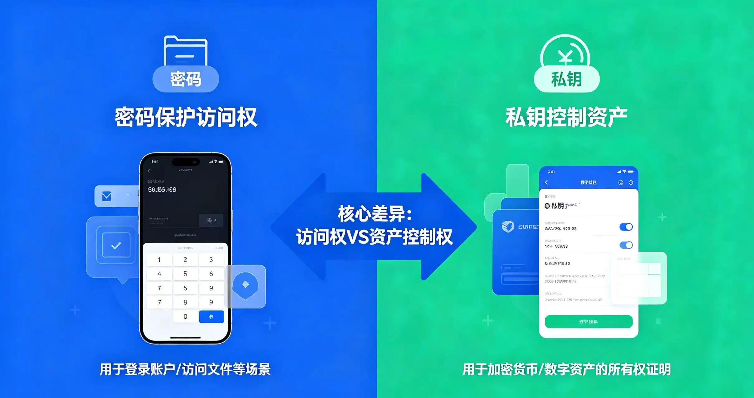 密码与私钥区别示意图，直观呈现密码保护访问权、私钥控制资产的核心差异