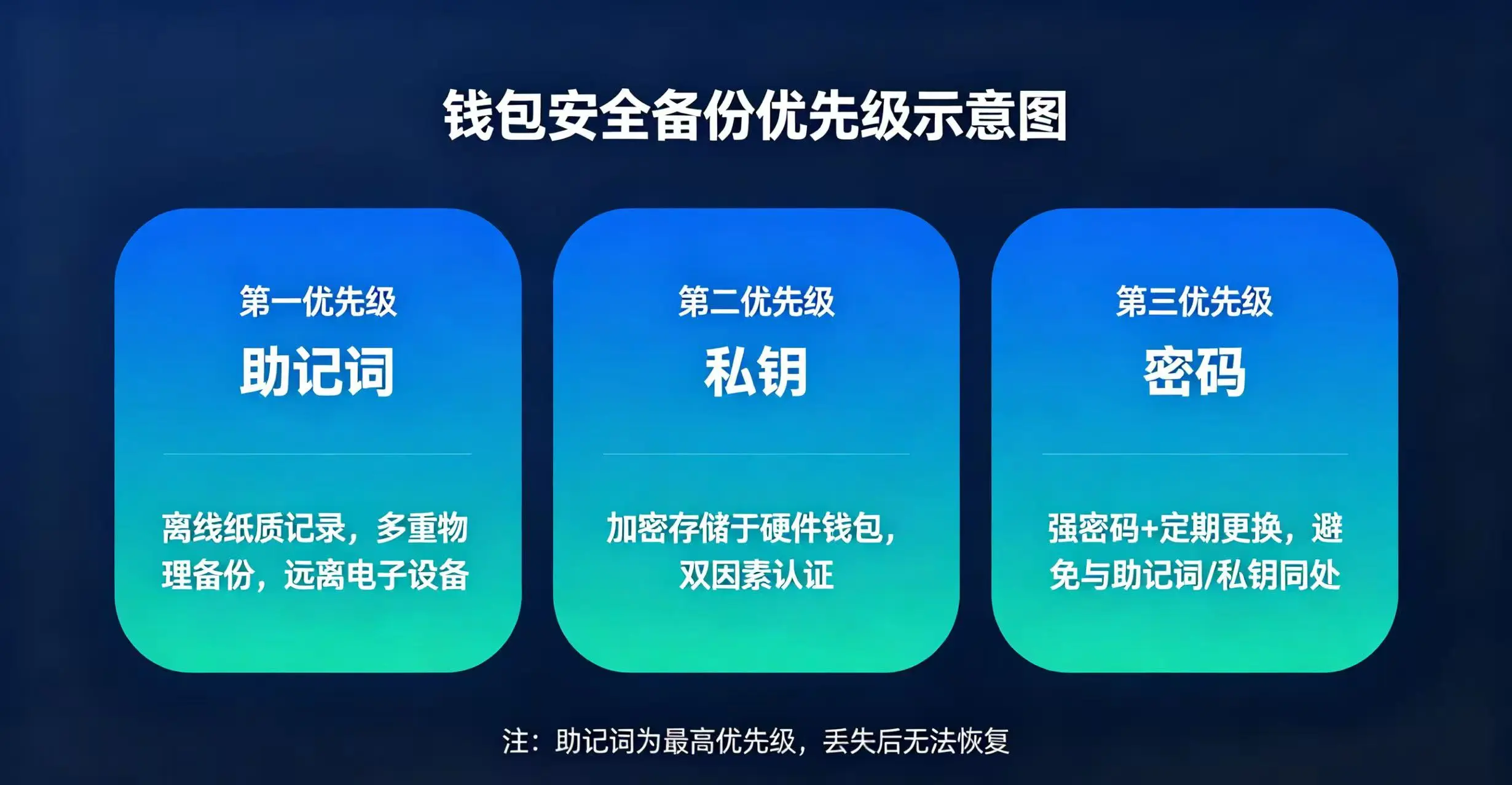 钱包安全备份优先级示意图，清晰展示助记词、私钥、密码的备份优先级和保护方式
