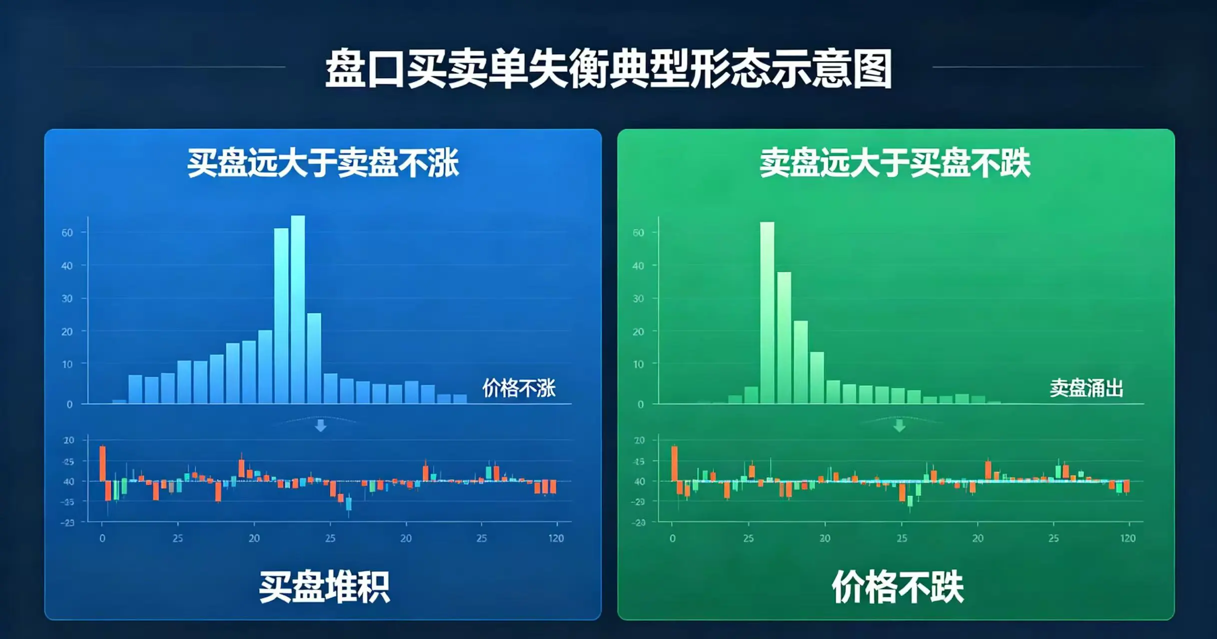 盘口买卖单失衡场景示意图，直观呈现买盘远大于卖盘不涨、卖盘远大于买盘不跌两种典型盘口形态