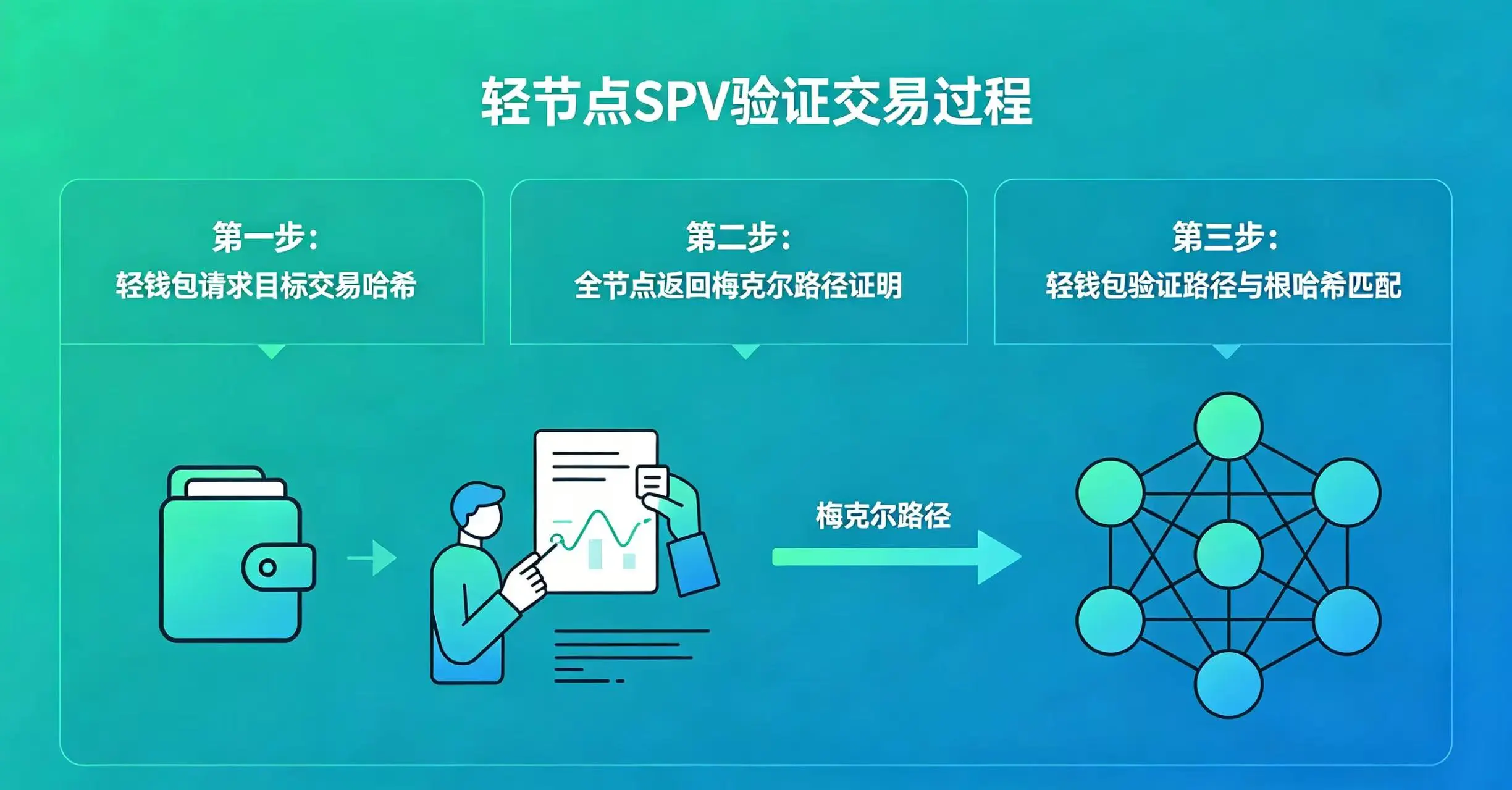色彩鲜明的 SPV 验证示意图，展示轻钱包通过梅克尔路径，仅依靠区块头和少量哈希值完成交易验证的过程。