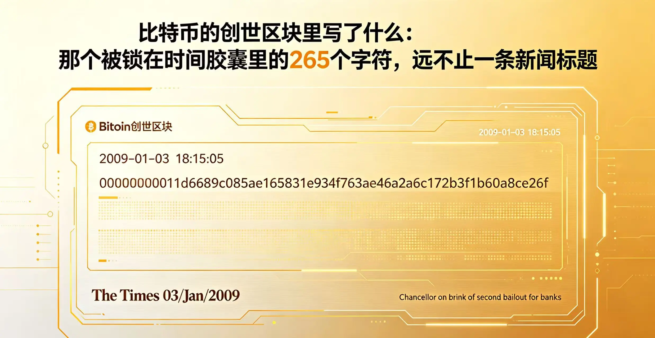 比特币的创世区块里写了什么：那个被锁在时间胶囊里的265个字符，远不止一条新闻标题