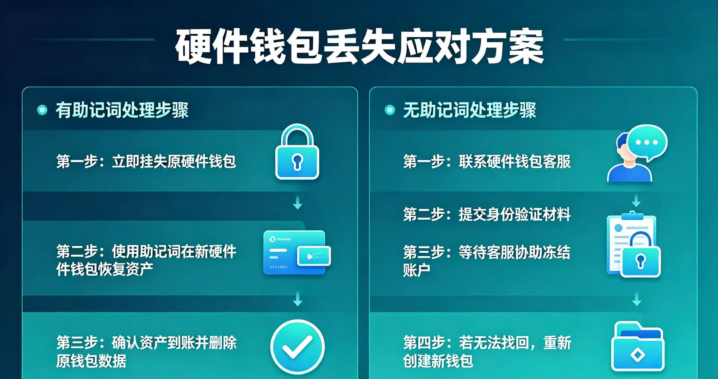 硬件钱包丢失应对方案示意图,展示有助记词和无助记词的不同处理步骤。 硬件钱包丢失应对方案示意图,展示有助记词和无助记词的不同处理步骤。