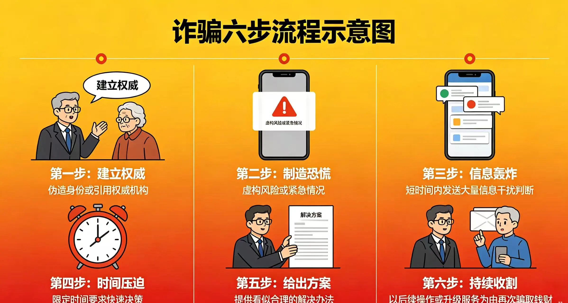 诈骗六步流程示意图，清晰呈现骗子建立权威、制造恐慌、信息轰炸、时间压迫、给出方案、持续收割的完整步骤。