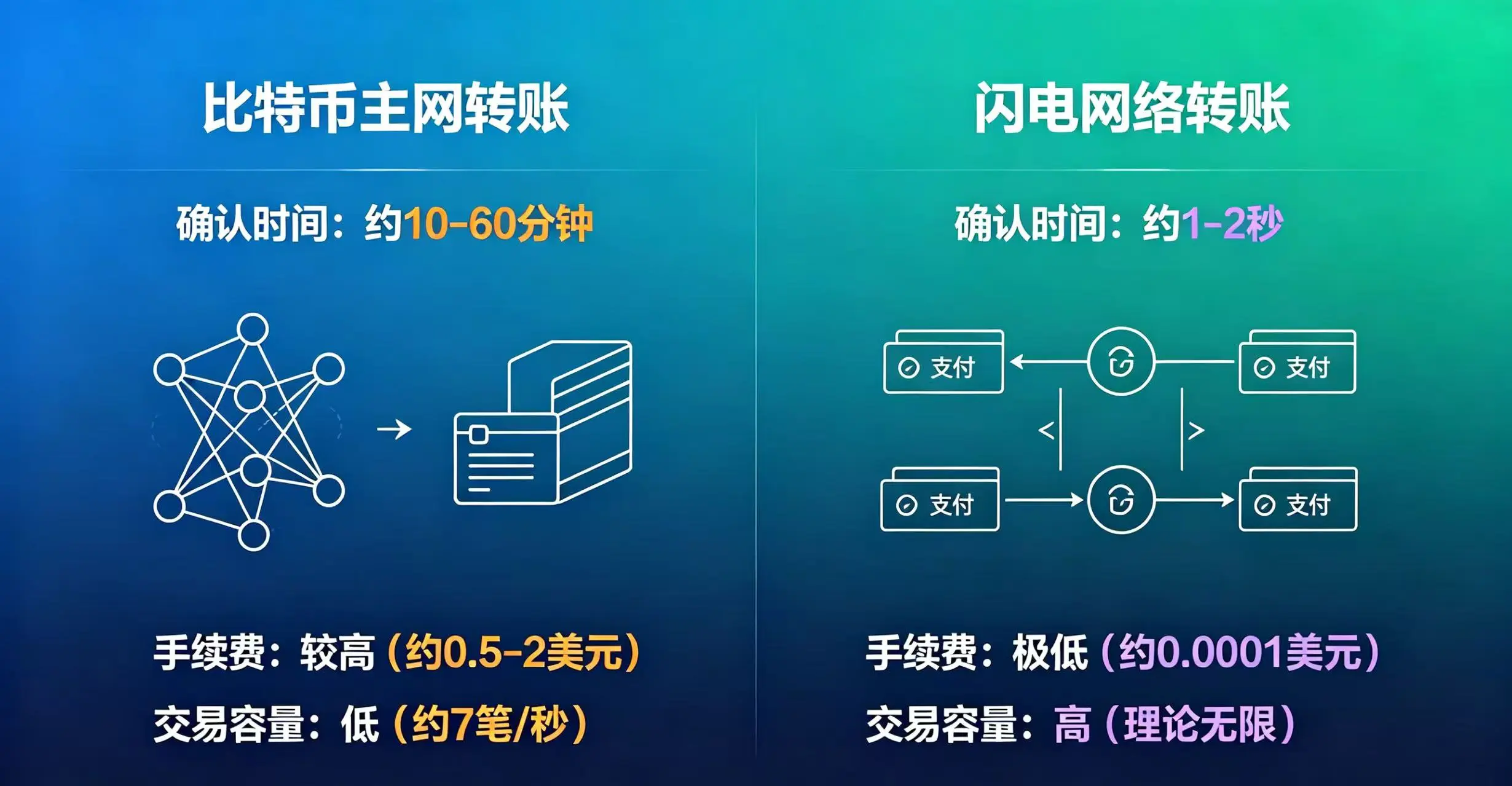 比特币主网转账与闪电网络转账在确认时间、手续费等维度对比的信息图 比特币主网转账与闪电网络转账在确认时间、手续费等维度对比的信息图