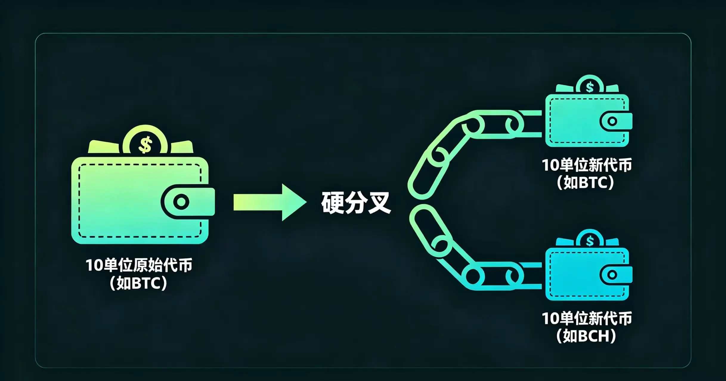 展示硬分叉时，用户钱包中的一份原始代币如何在分裂后的两条新链上各产生一份等量新代币的示意图。