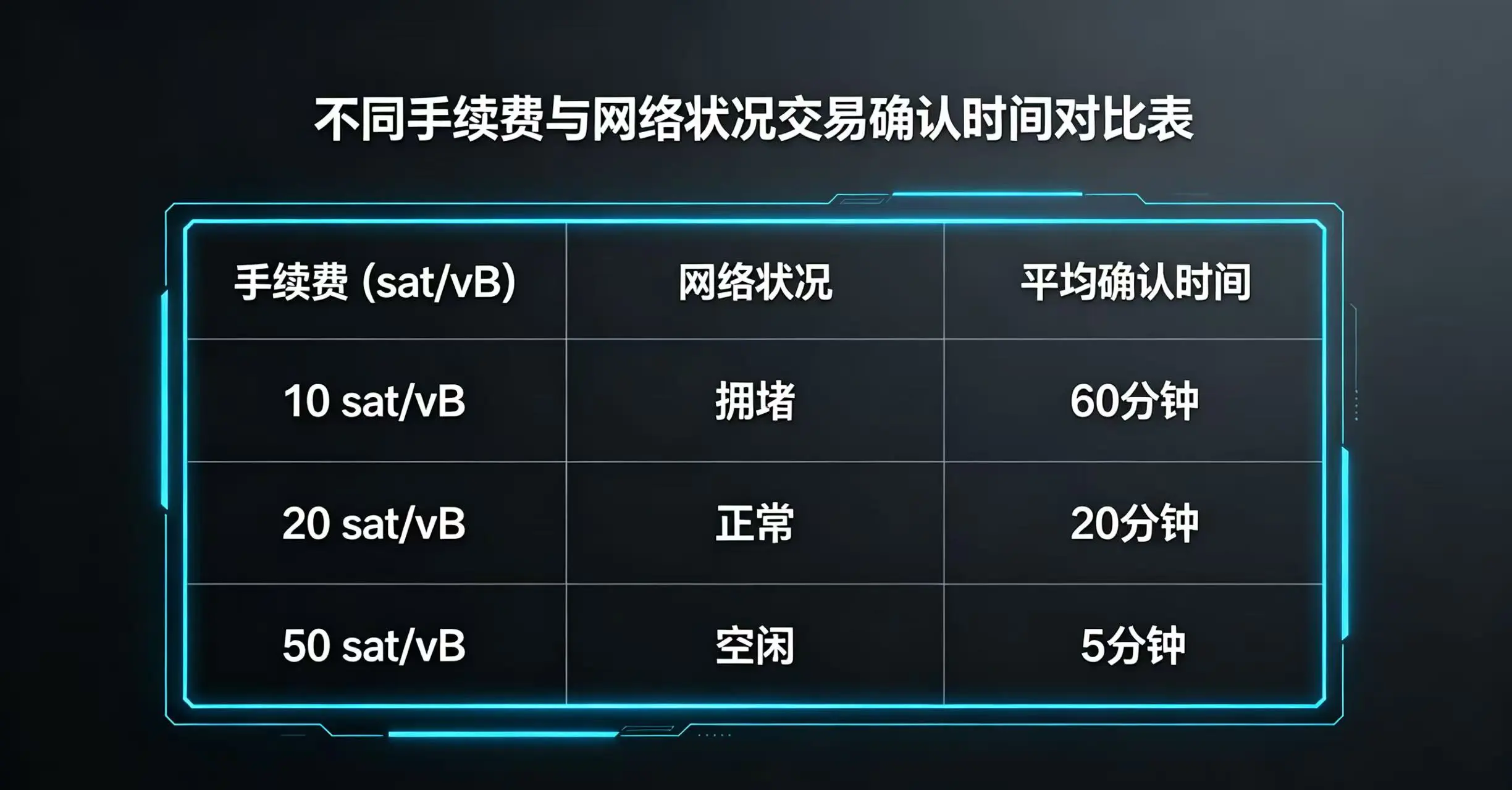  对比不同手续费（sat/vB）在网络畅通、拥堵、严重拥堵下的平均确认时间的表格。