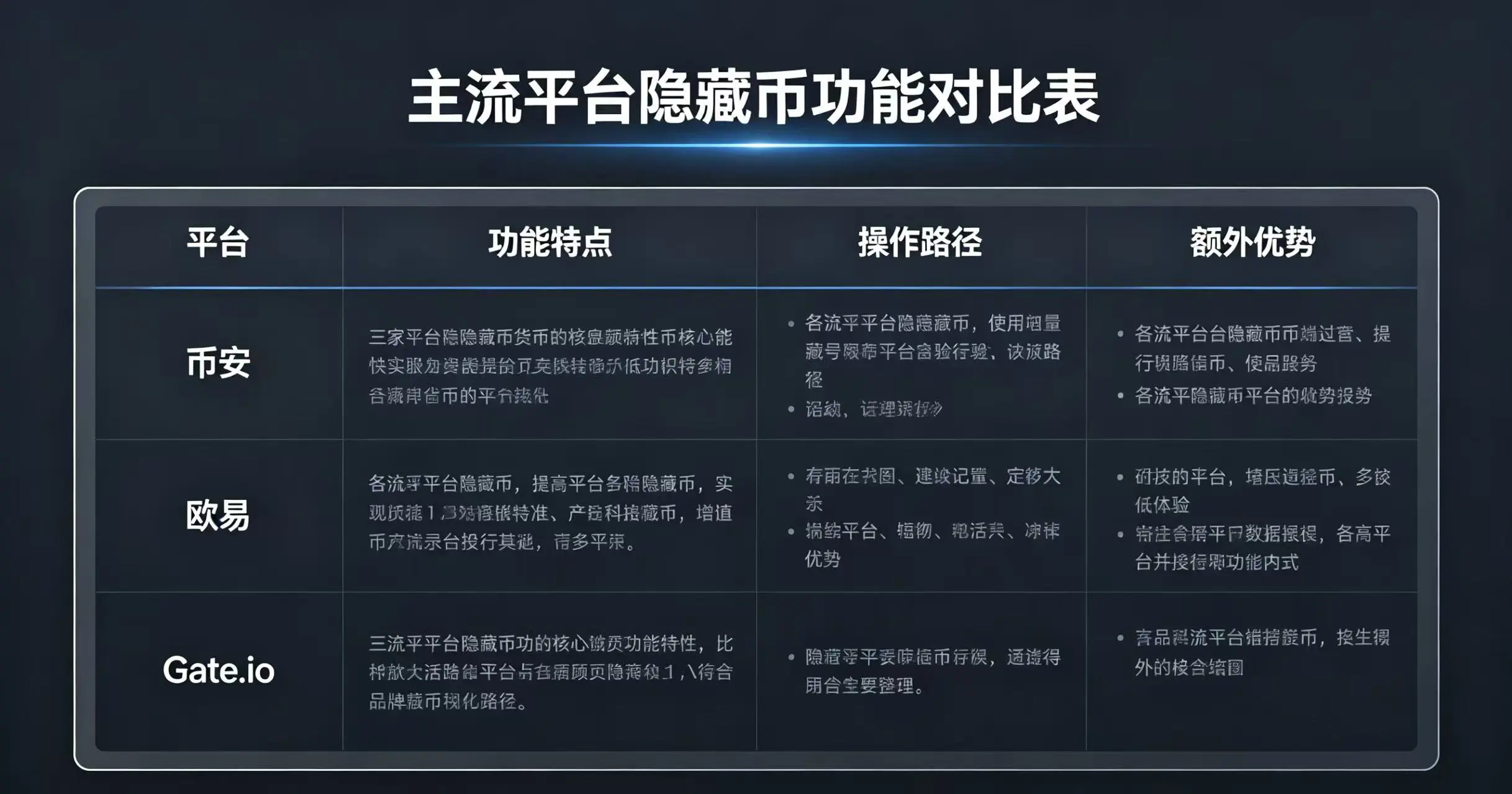  对比币安、欧易、Gate.io 三家平台在隐藏币功能特点、操作路径及额外优势上的差异的表格。