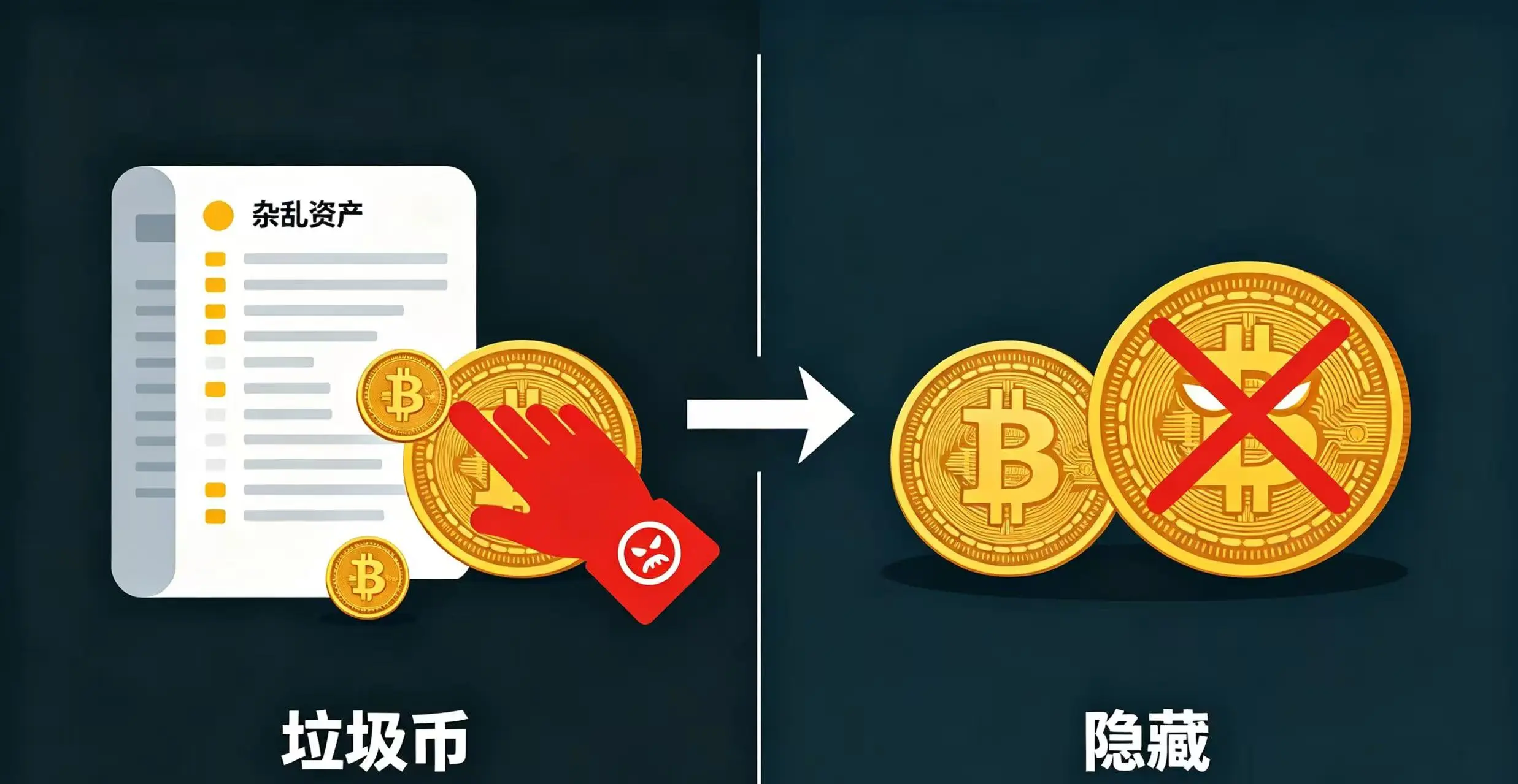  画面左右对比，左侧小额币种伸出恶意之手威胁主流币，右侧小额币种被隐藏，恶意之手无法伸出，主流币得到保护。