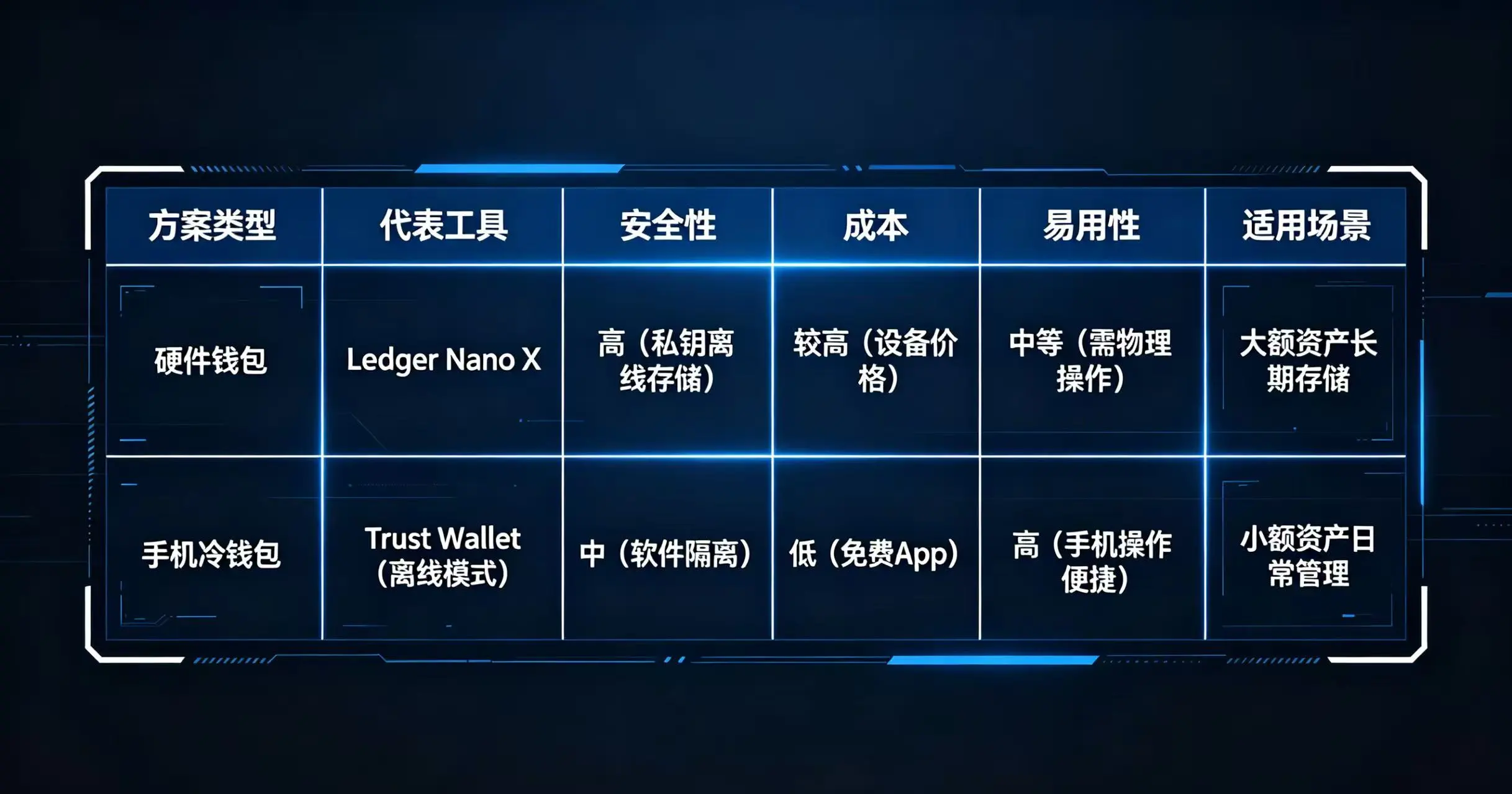  对比硬件钱包和手机冷钱包在安全性、成本、易用性及适用场景上的差异的表格。