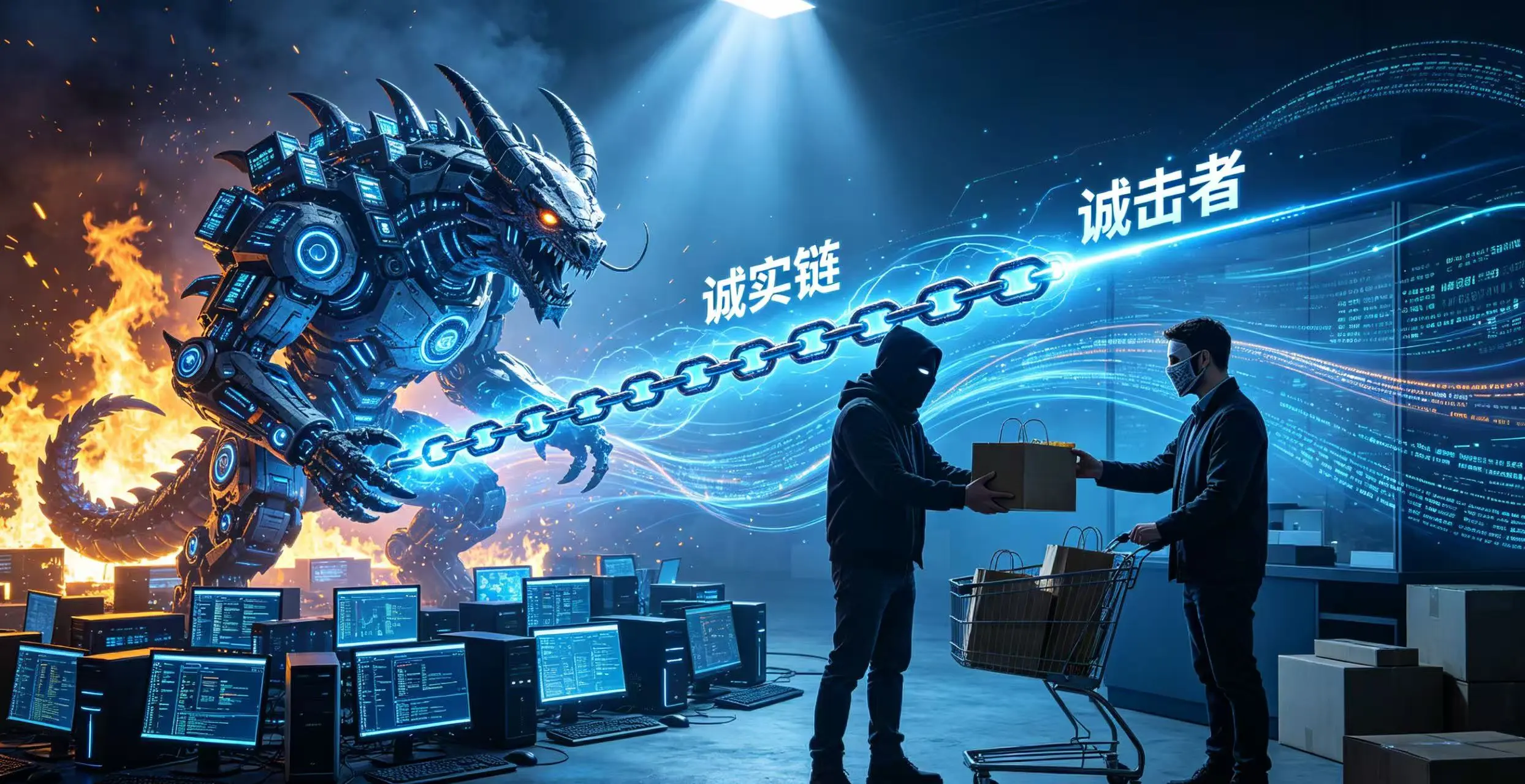 算力怪兽挖掘长链，进行 51% 双花攻击的示意图。