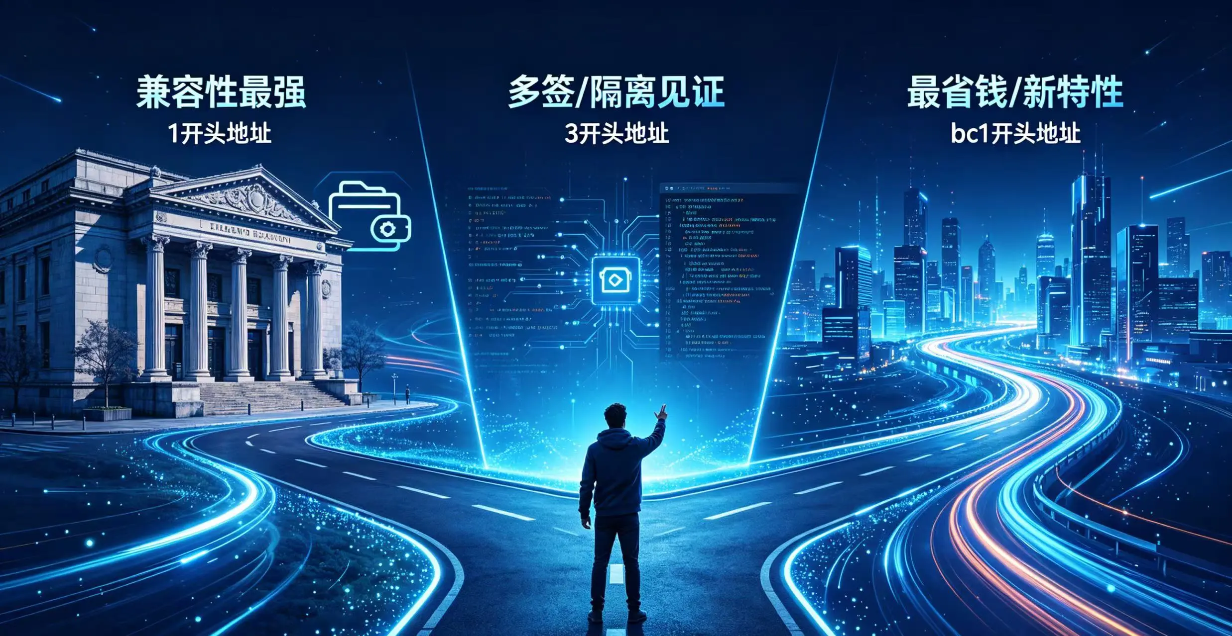 用户在分岔路口选择不同地址格式的使用场景示意图，展示兼容性、多签、省钱等特性。
