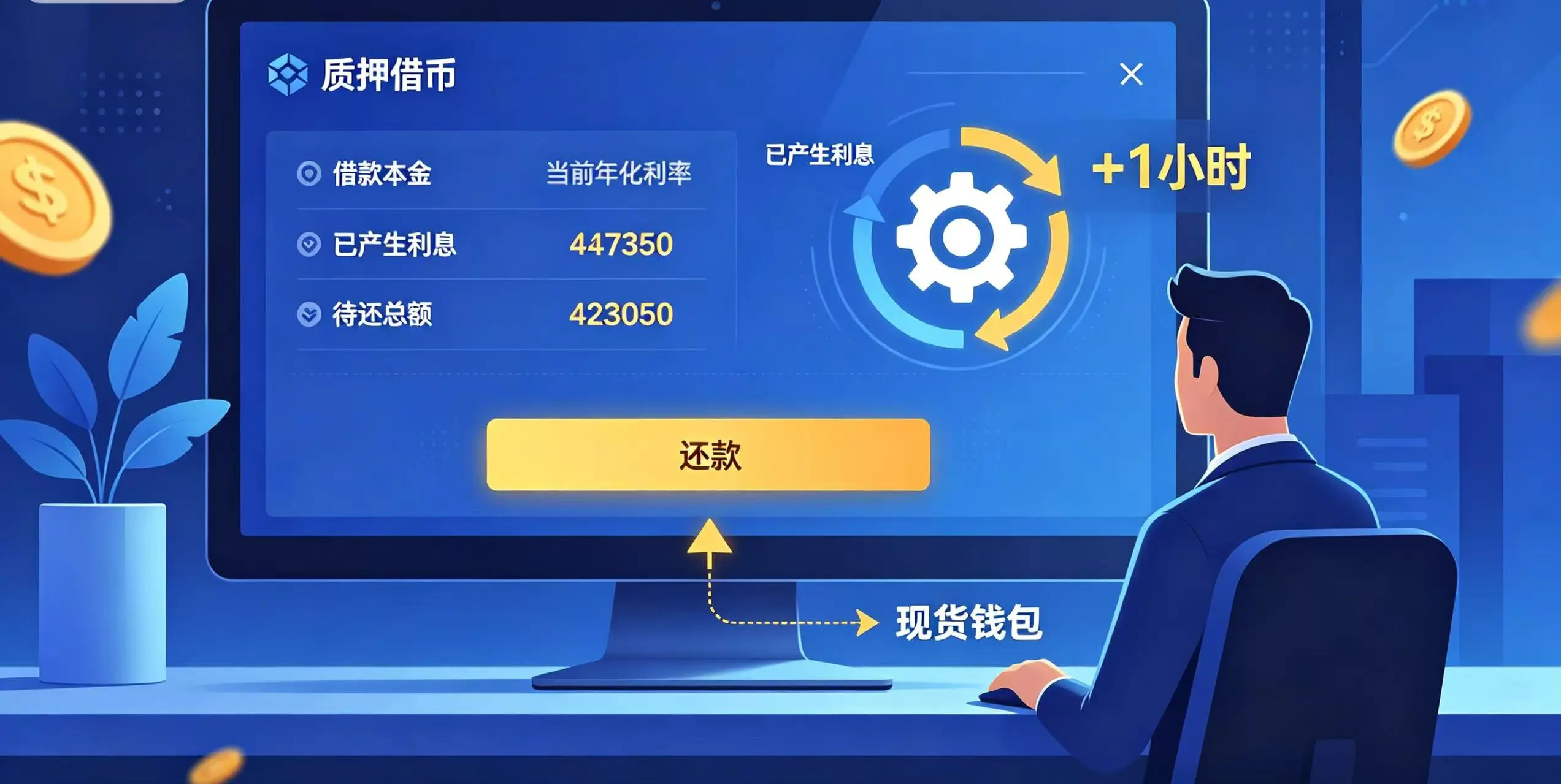 借币利息计算与还款流程示意图，展示了订单详情页中本金、利息、待还总额的关系，以及还款时从现货钱包扣款的操作。