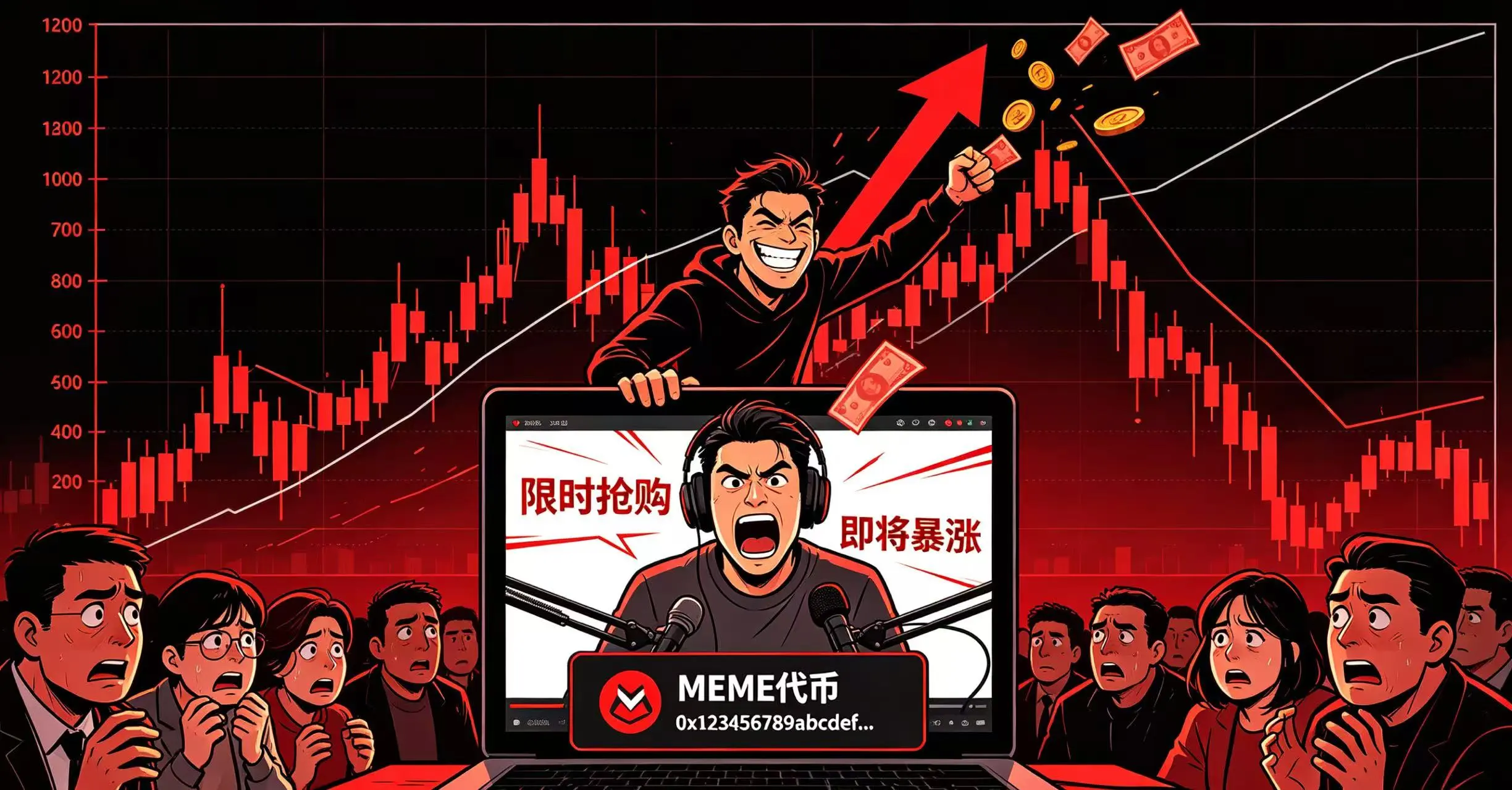一个网红博主正在直播喊单,屏幕上显示着 MEME 代币的名称和合约地址。背后的 K 线图显示价格先直线飙升,然后瞬间垂直下跌,网红博主在价格最高点时偷偷卖出了所有筹码。 一个网红博主正在直播喊单,屏幕上显示着 MEME 代币的名称和合约地址。背后的 K 线图显示价格先直线飙升,然后瞬间垂直下跌,网红博主在价格最高点时偷偷卖出了所有筹码。