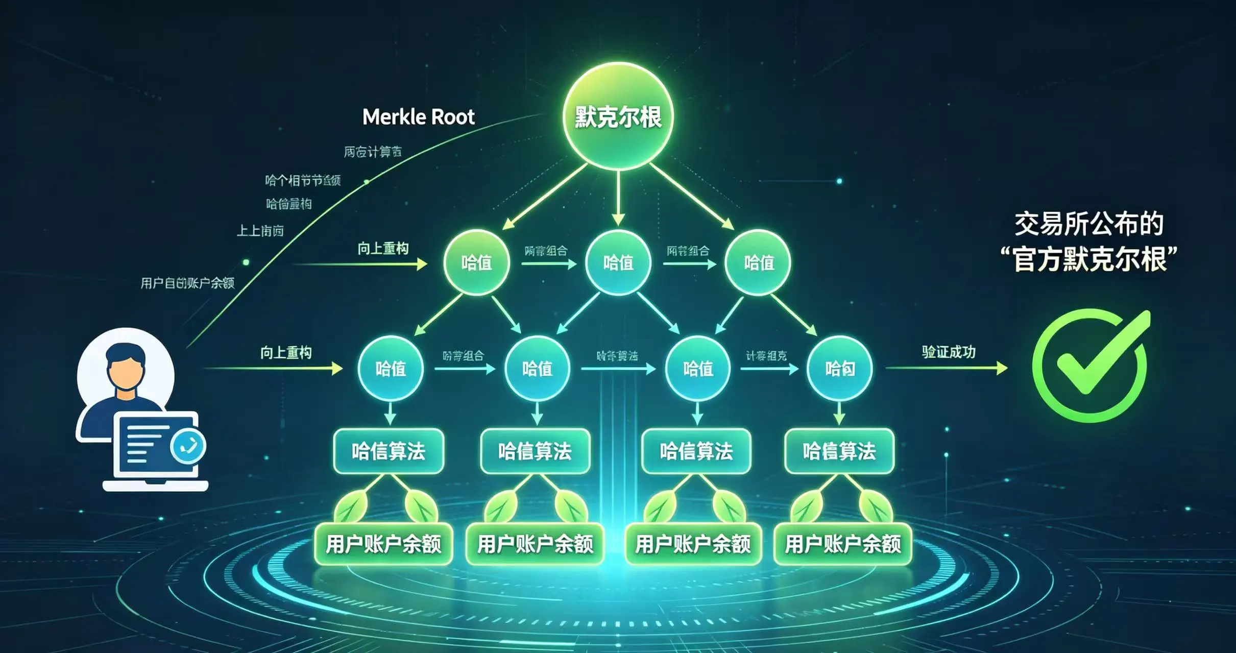 展示一个 “默克尔树储备证明(PoR)” 的简化示意图 展示一个 “默克尔树储备证明(PoR)” 的简化示意图
