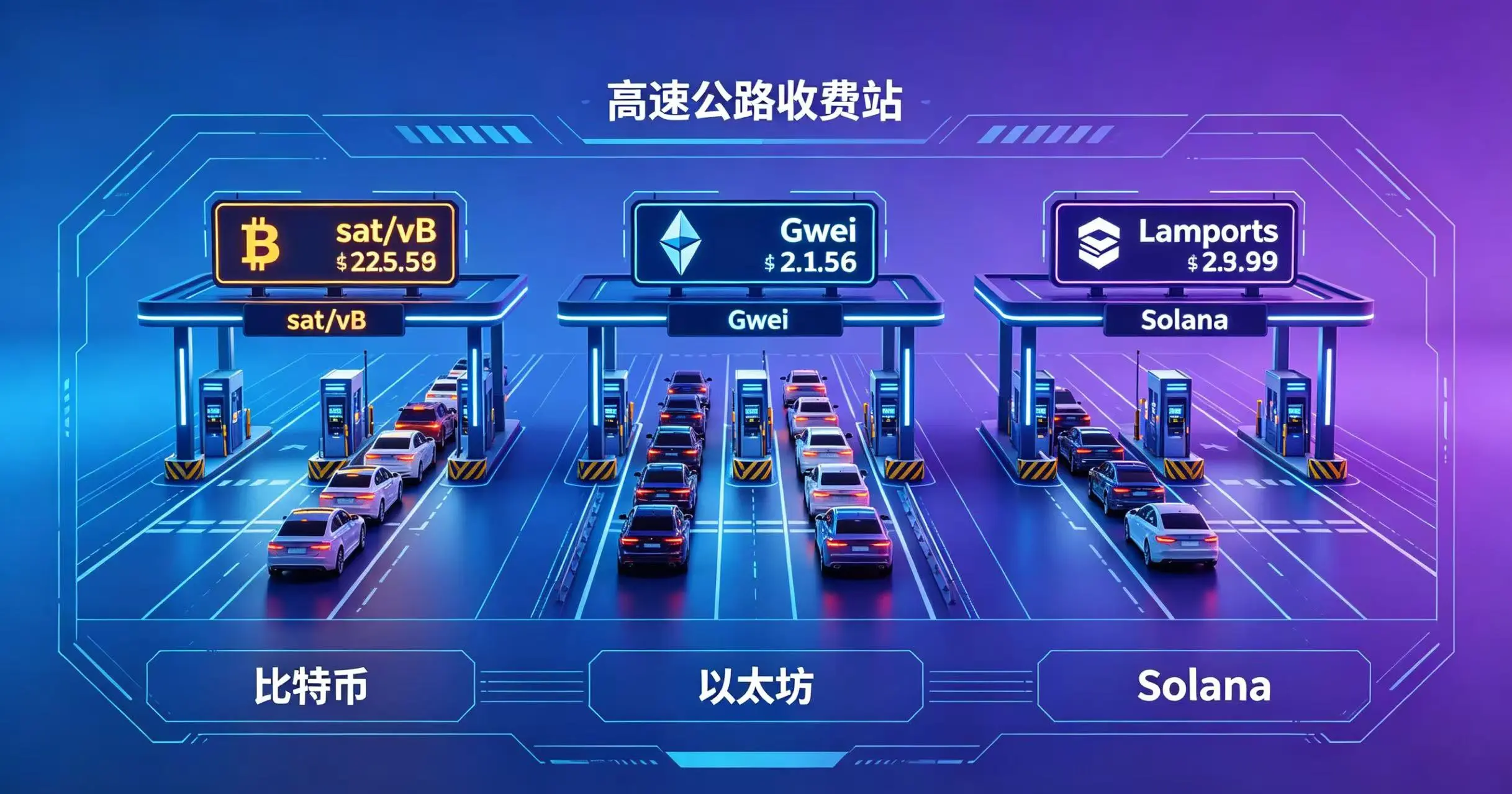 不同公链（如比特币、以太坊、Solana）在收费机制和费用上的差异。