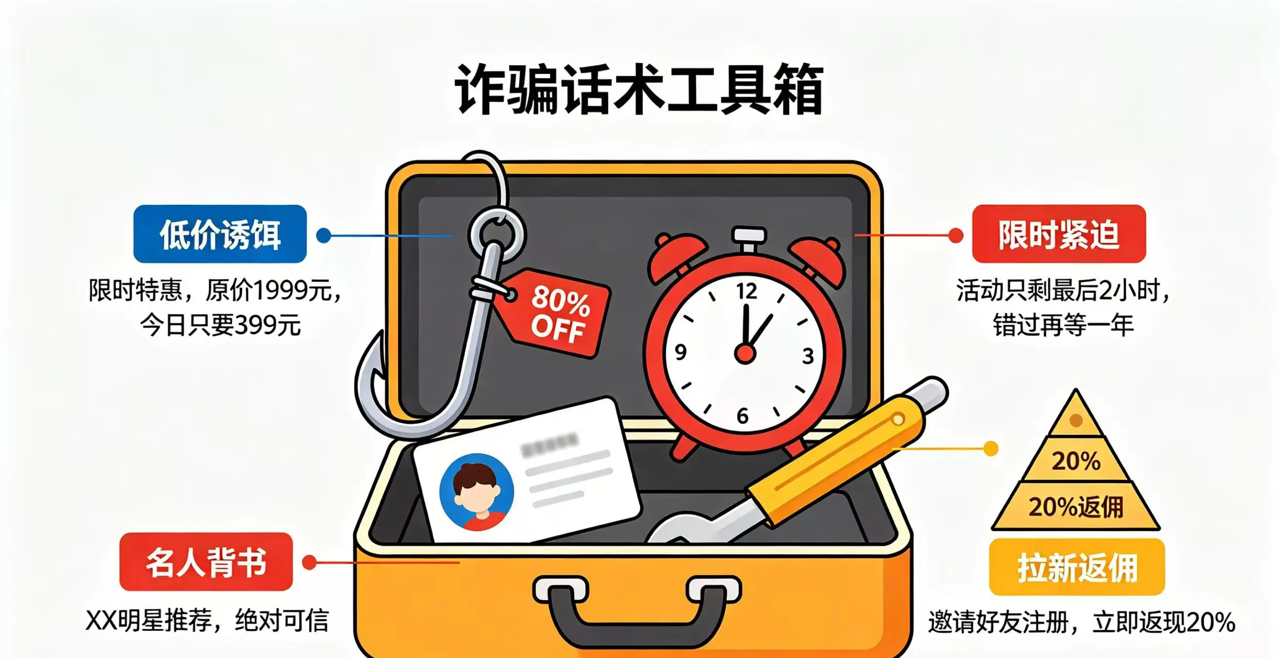 骗子常用的 “低价诱饵”、“限时紧迫”、“名人背书” 和 “拉新返佣” 四种话术