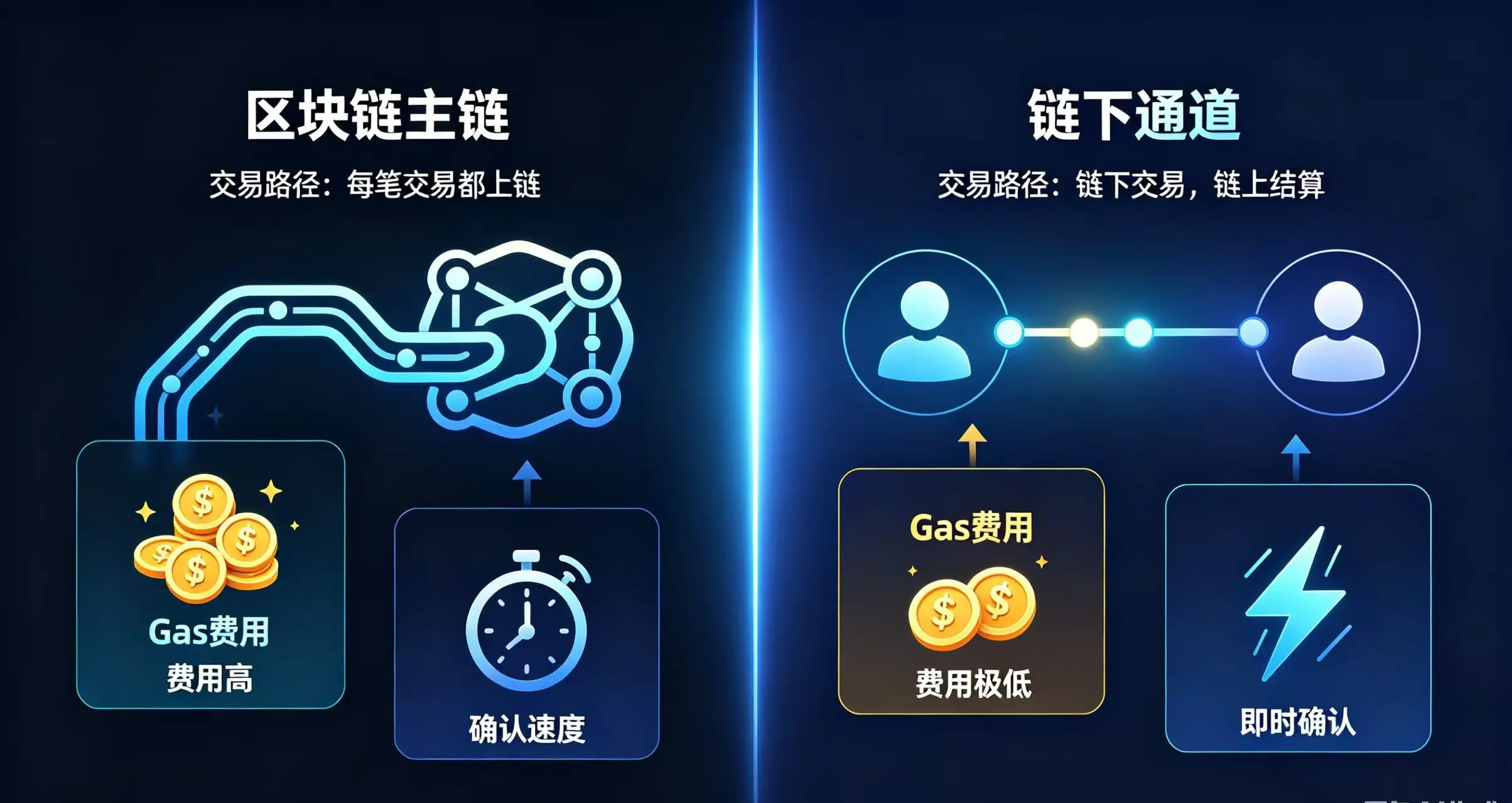  “传统链上交易” 和 “状态通道交易” 在 “交易路径”、“Gas 费用” 和 “确认速度” 三个关键维度上的巨大差异