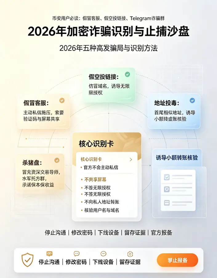 比安用户必读：假冒客服、假空投链接、Telegram诈骗群，2026年五种高发骗局与识别方法